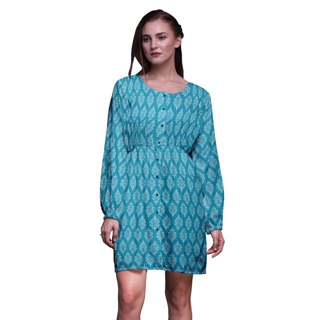 Bimba Robe Midi à Manches Longues Imprimé Floral Damassé Pochoir Bleu Vêtements pour Femmes-Large