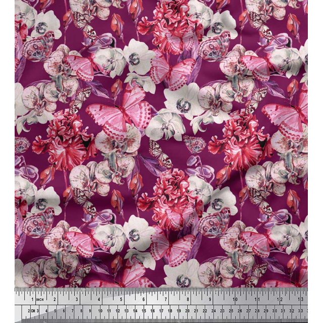 Soimoi Rayon Fabric Butterfly & Orchids Floral Decor Fabric Printed Yard 56 Inch Wide