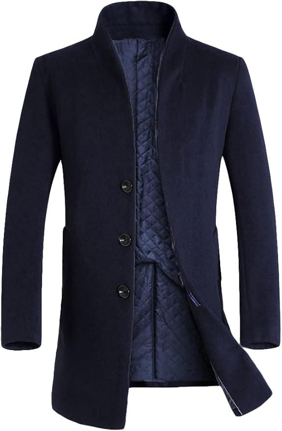 Men's Trench Coat Long Wool Blend Overcoat Slim Fit Down Topcoat