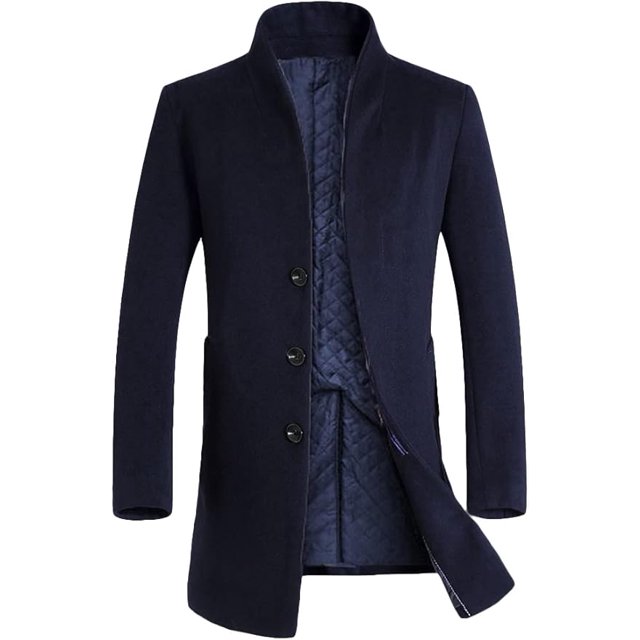 Men's Trench Coat Long Wool Blend Overcoat Slim Fit Down Topcoat
