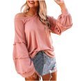 thumbnail image 2 of CEHVOM Women's V-neck Ruffled Lantern Sleeve Splicing Solid Fashion Casual Blouse, 2 of 5