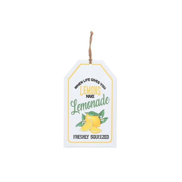 IH Casa Decor Embossed Metal Sign Make Lemonade, a white embossed metal wall sign with a yellow lemon and green leaves illustration, featuring the quote 'When life gives you lemons make lemonade freshly squeezed' in black, yellow, and green text, hanging by a brown twine loop, suitable for summer home décor.