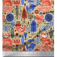 thumbnail image 1 of Soimoi Beige Moss Georgette Fabric Tree & Fox Folk Art Decor Fabric Printed Yard 44 Inch Wide, 1 of 5