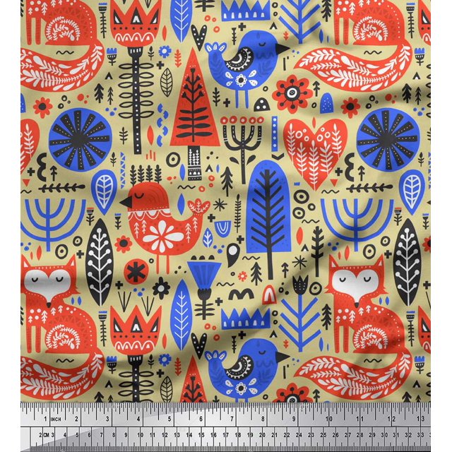 Soimoi Beige Moss Georgette Fabric Tree & Fox Folk Art Decor Fabric Printed Yard 44 Inch Wide