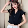 thumbnail image 1 of Promotion Dégagement Femmes V-Cou Ébouriffé T-shirts Courts Mode Manches Courtes Tricot T-shirt Femmes Été Cardigans Top, 1 of 5