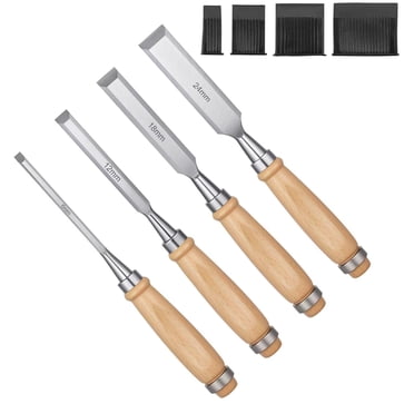 4Pcs Wood Chisels Set Sharp Chrome-Vanadium Steel Wood Carving Chisels with Beech Handles Ergonomic Wood Carving Tools for Carpentry Woodworking Hobbyist Craftsman