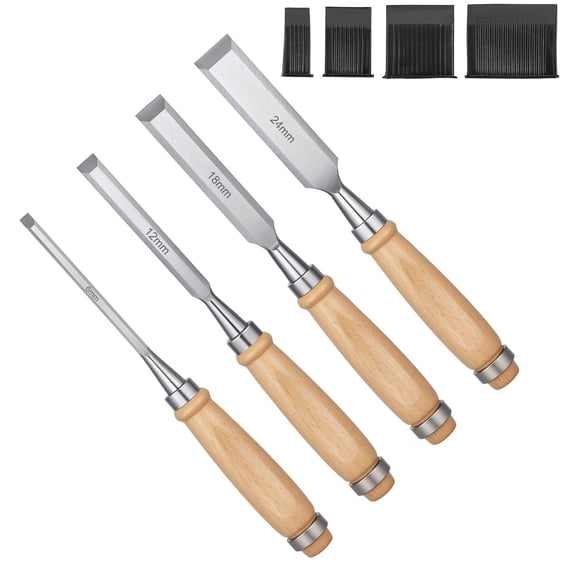 Ensemble de 4 Biseauteurs en Bois Tranchants en Acier au Chrome-Vanadium, Biseauteurs de Sculpture sur Bois avec Poignées en Hêtre, Outils Ergonomiques de Sculpture sur Bois pour Menuiserie, Travail du Bois, Amateur, Artisan