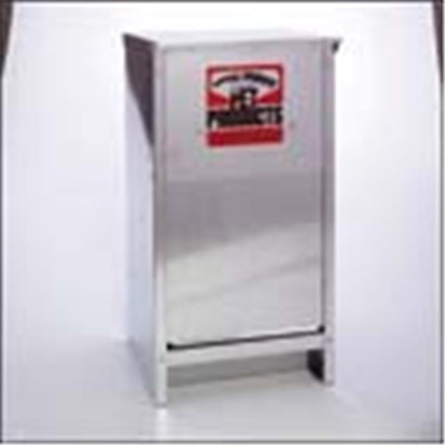 Pet Lodge 25 Lbs Capacity Chow Hound Automatic Steel Dog Feeder in silver, featuring a durable galvanized steel construction with a magnetized door for pest deterrence. This feeder holds up to 25 pounds of dry dog food and includes an angled chute for smooth food flow. Designed for both indoor and outdoor use, it comes fully assembled and includes keyholes for optional wall mounting. Dimensions are 11 inches long, 22.6 inches wide, and 12 inches high.