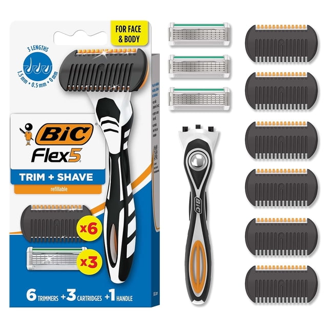 BIC Flex 5 Trim and Shave Men's Grooming Kit, 3-in-1 Beard Trimmer, Razor & Precision Edger, No Battery or Charging Required, 5-Blade Shave, Face & Body, 3 Cartridges + 6 Trimmers