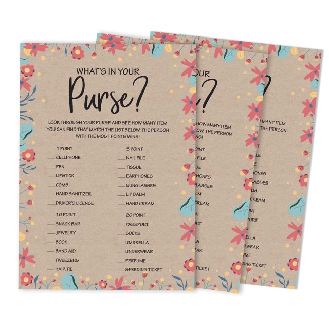 Inkdotpot Wedding Shower Bachelorette Party Bulk ActivityGameCardsWhats In Your Purse Bridal ShowerGame 50-Pack Rustic Kraft Floral