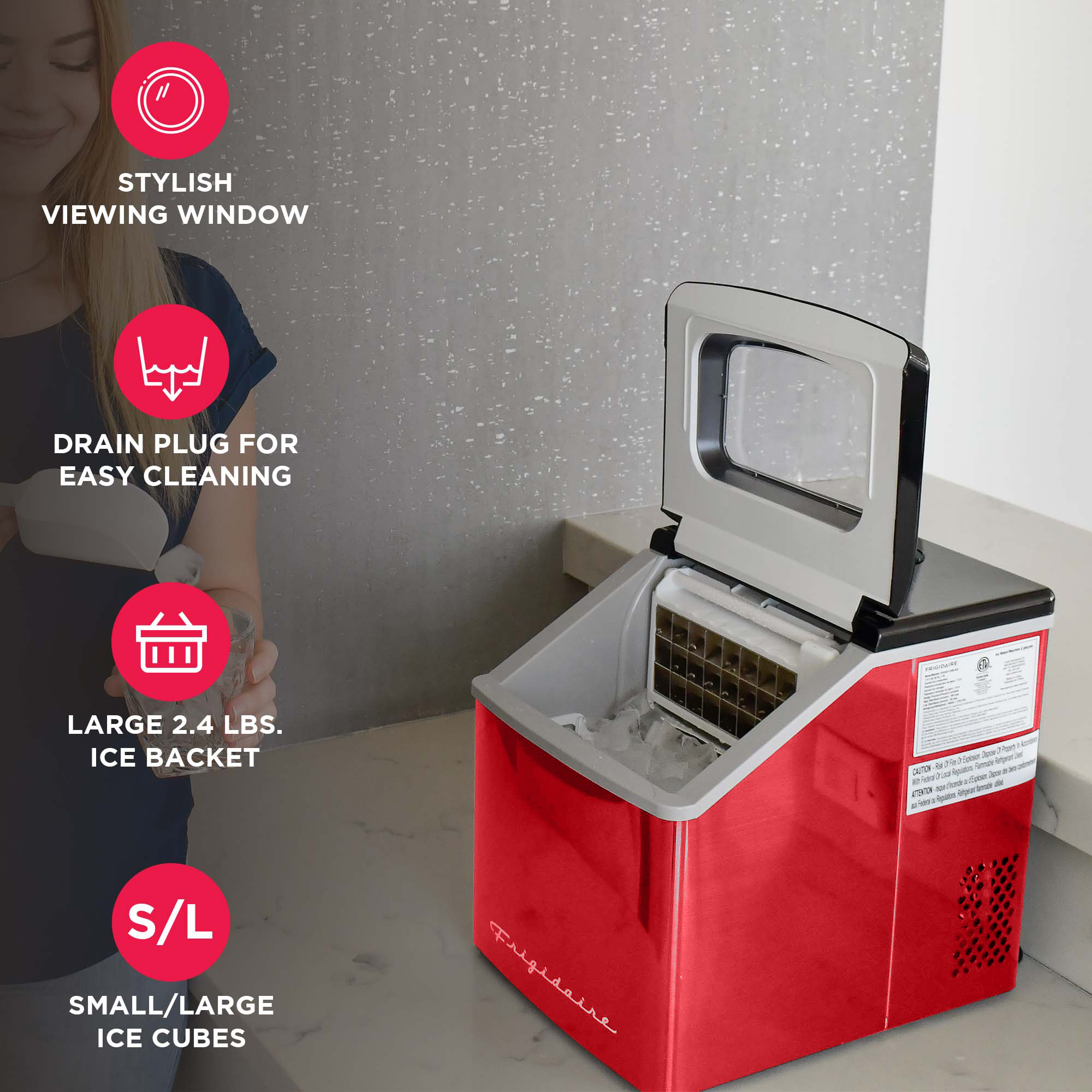 Machine à glaçons carrée transparente Frigidaire 40 lb, machine à glaçons de comptoir avec commandes numériques, acier inoxydable rouge