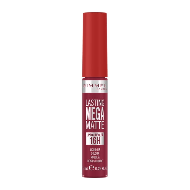 Rimmel Lasting Mega Matte liquid lipstick in deep red with a matte finish, featuring a red cap and silver band with brand name, offering up to 16 hours of wear with a hydrating, vegan formula containing squalene and coconut oil, ideal for long-lasting comfortable lip colour.