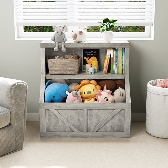 Cherish Kids Bookshelf Toy Storage, Wooden Toddler Bookcase Cabinet with Storage Organizer, Children's Large Cubbies for Playroom Bedroom Nursery Classroom School Kindergarten Daycare Grey
