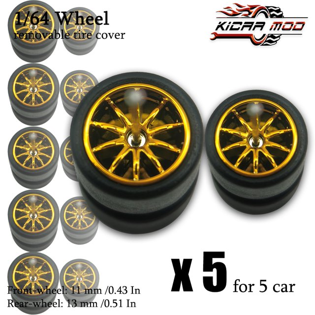 1/64 Front Small Rear Big Wheels with Detachable Slick Rubber Tires for Model Cars Refiting Parts for Hotwheels (5 Sets) RLCBS002