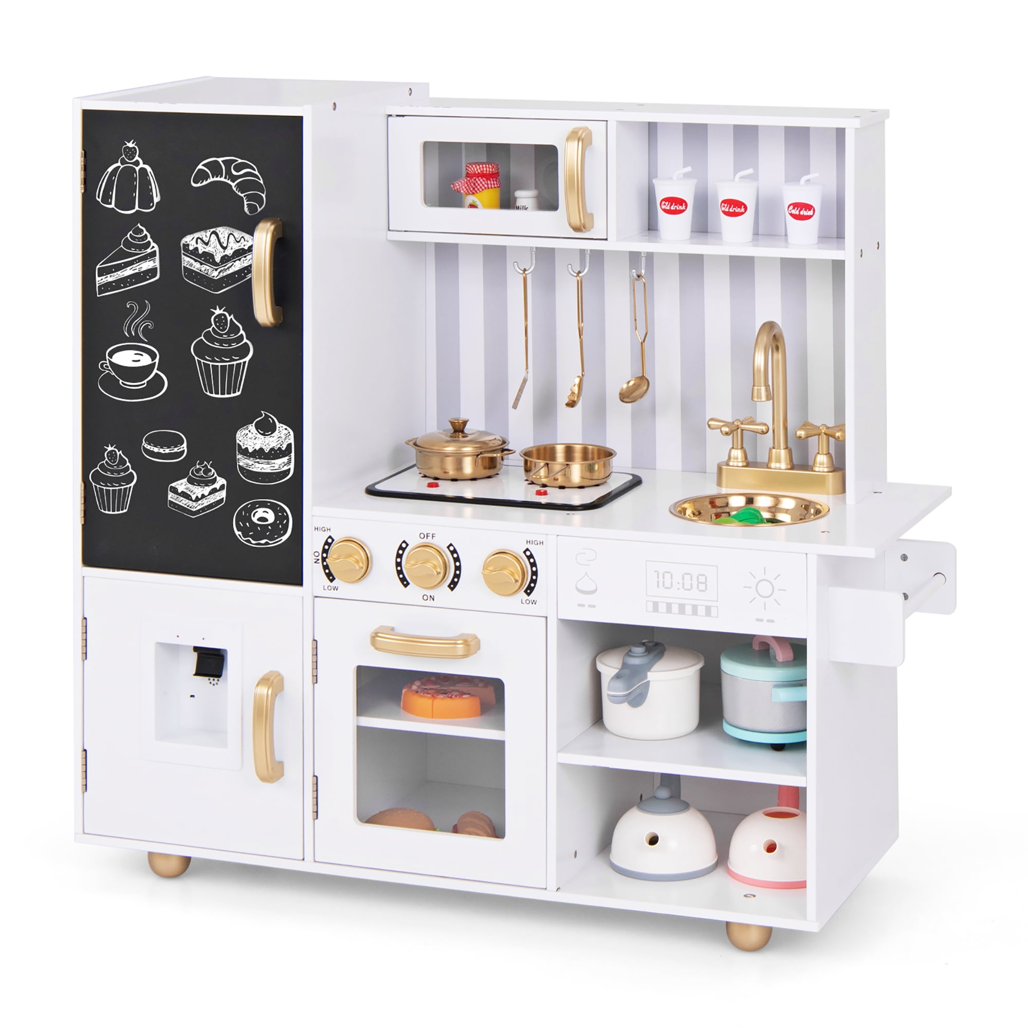 Gymax Play Kitchen Toy Set w/ Chalkboard Oven Sink Faucet Stove Water Dispenser