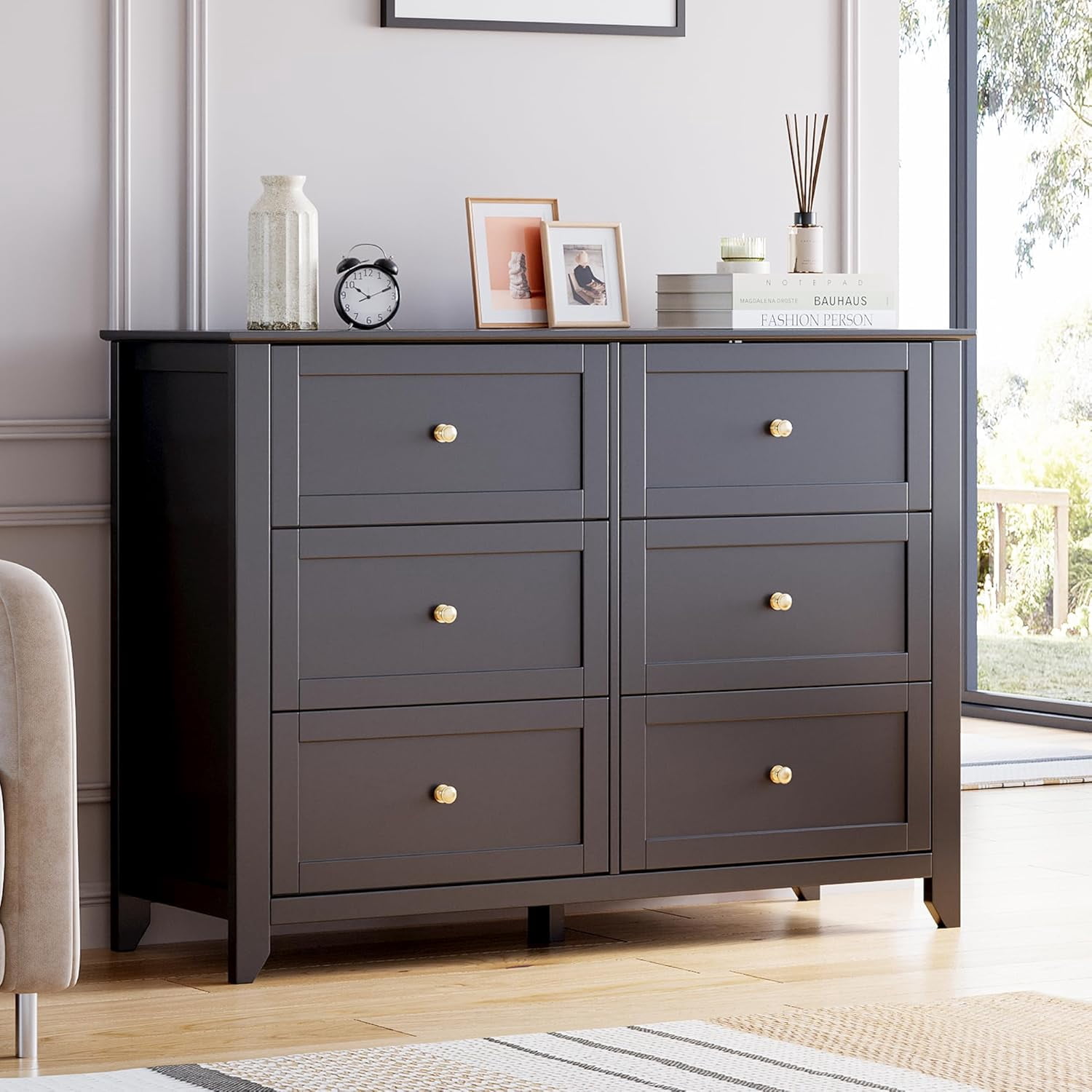 6-Drawer Dresser with Deep Drawers and Gold Handles Storage Chest for Clothes Anti-Tip 41.9InW for Bedroom Black