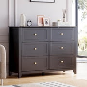 6 Drawers Dresser for Bedroom, Farmhouse Wood Dressers & Chest of Drawers for Clothes, Tall Storage Dressers Organizer with Deep Drawers & Gold Handles for Living Room, Closet, Hallway, Black