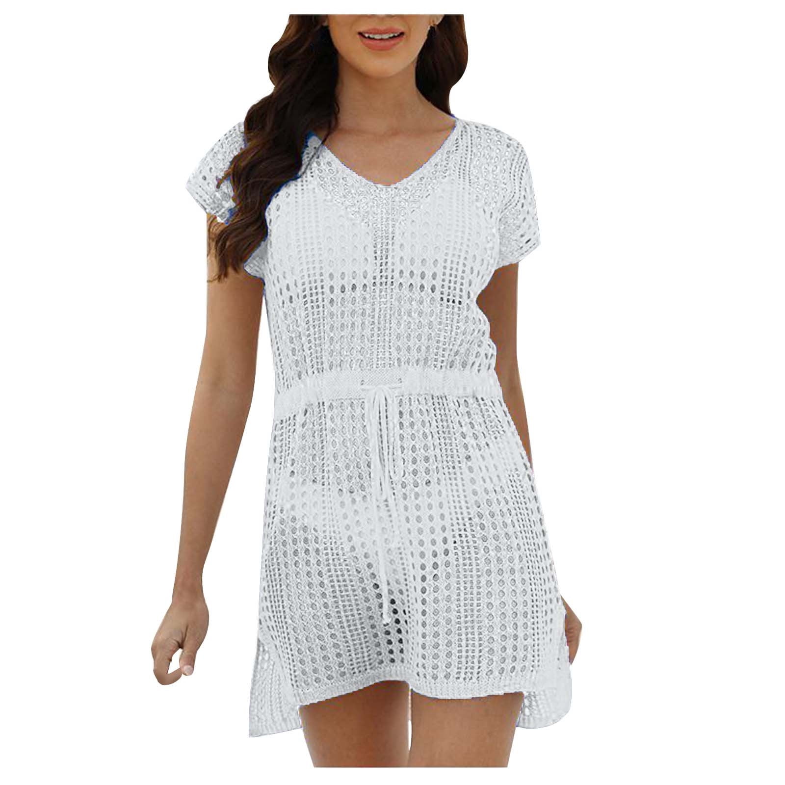 Aguichant Sorties de Plage for Maillots de Bain Femmes Mode Col Rond Manches Courtes Ample Ajouré Blouse de Maillot de Bain de Plage Sorties de Plage sur Clearance