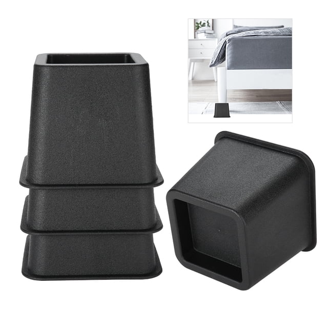Cergrey 4-piece set of adjustable furniture risers in black, made of durable and eco-friendly PP material. Designed to lift beds, sofas, and chairs for ease of use and extra storage space, ideal for small rooms or college dorms. Features a secure recess for stability and a wide base for added support. Includes four risers, each measuring 3 inches in height.