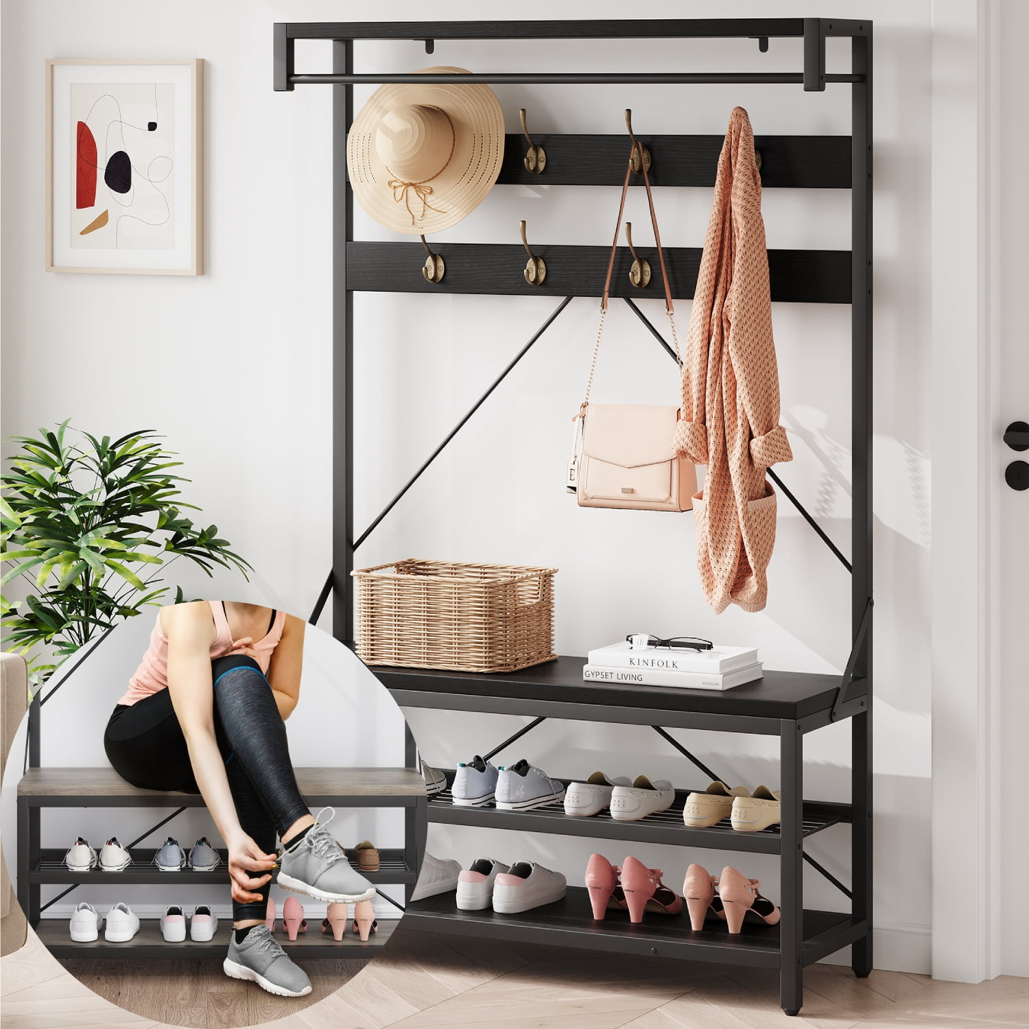 Aoile 4-in-1 Hall Tree, Entryway Bench with Coat Rack Freestanding, Shoe Bench with 8 Hooks & 3-Tier Storage Shelf, Black