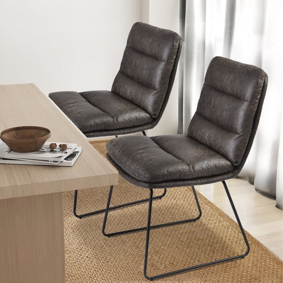 Homy Casa 2 Pack Upholstered Armless Dining Chairs, Grey Faux Leather Set of 2, for Compact Dining Spaces