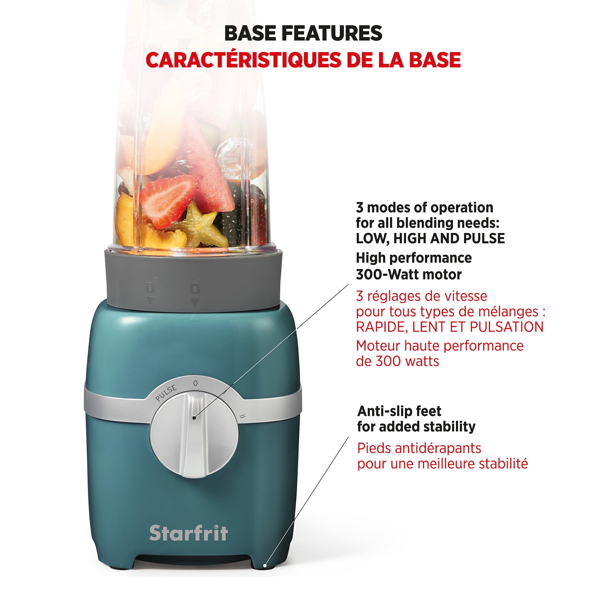 Starfrit Mélangeur Personnel, Deux Gobelets de 828ml, Lame en Acier Inoxydable, Modes Élevé, Faible et Pulsé, 300W, Sarcelle