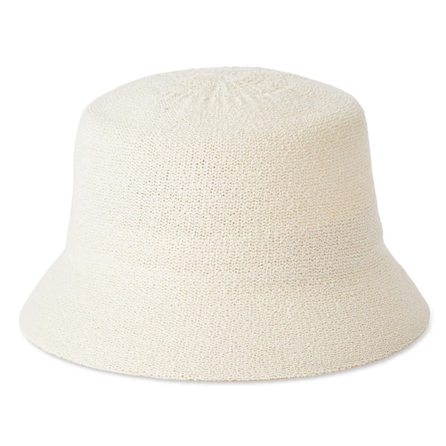 Time and Tru Chapeau Bob pour Femme en polyester Tricot Texturé Uni Blanc Cassé à Grand Bord et Dessus Plat, Montré Orienté vers l'Avant sur Fond Blanc, Conçu pour la protection Solaire et l'Utilisation d'Accessoires Décontractés, Idéal pour les Activités de Plein Air.