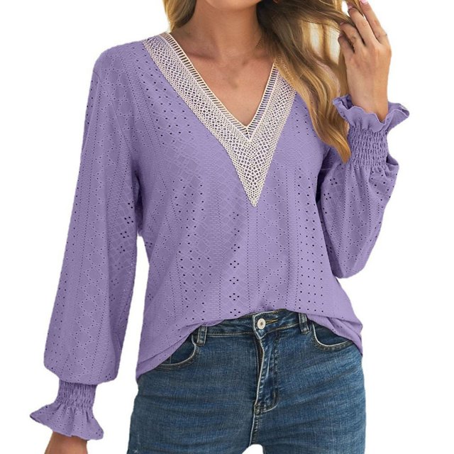 Womens V- Neck Hollow Lace Stitching Recreational Trumpet Sleeve Long Sleeve Tops