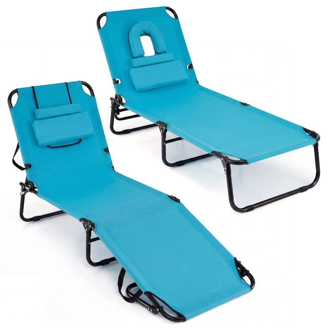 Costway Lot de 2 Chaises Longues de Plage avec Ouverture pour le Visage, Coussins et Dossier Réglable Turquoise