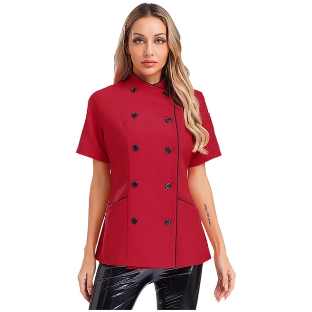 Eandarui Women Short Sleeve Chef Jacket Professional Chef Coat Work Uniform for Hotel Cooking Kitchen Burgundy L