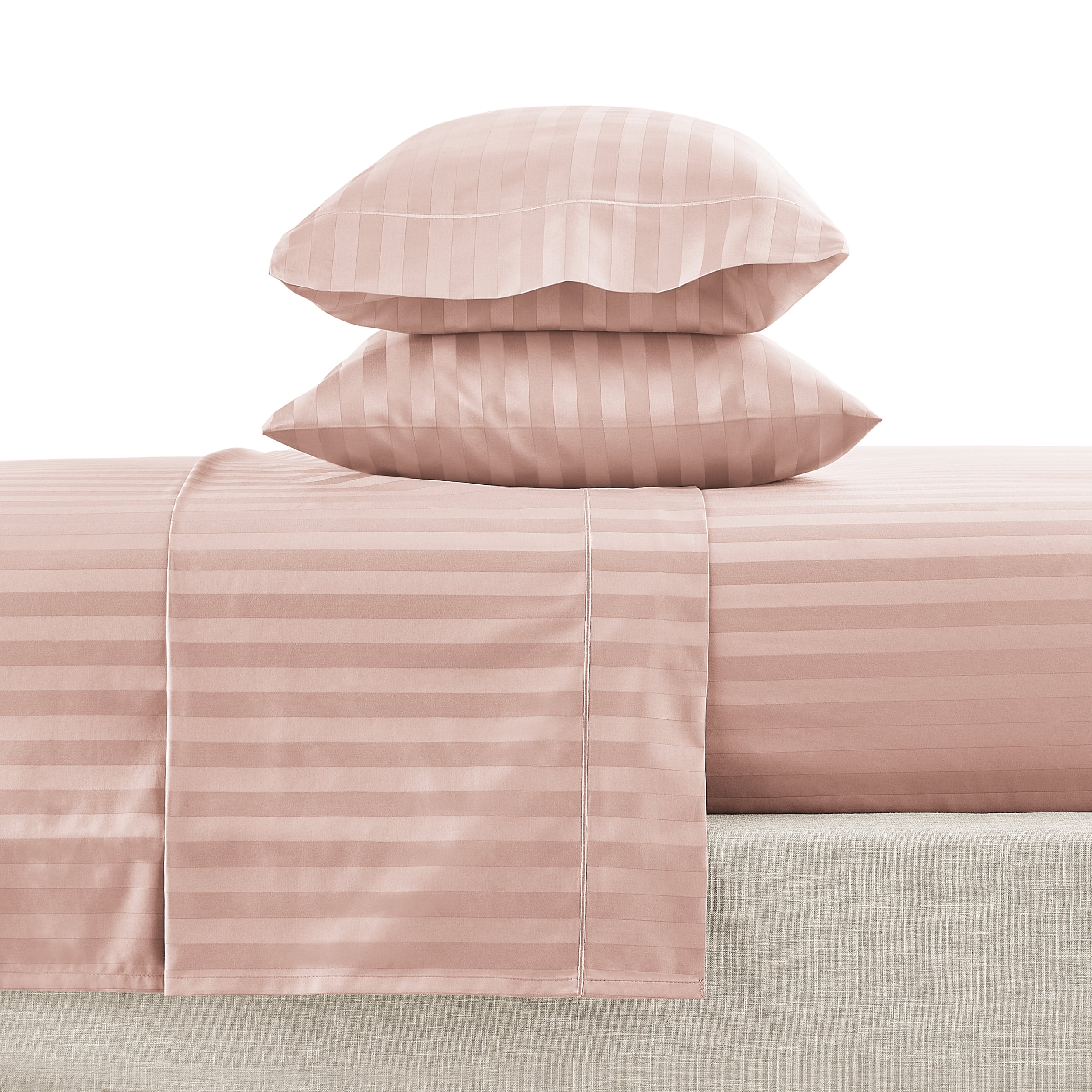 Ensemble de draps pour lit adulte en coton égyptien rose rayures 600 contexture, 4 pièces, hotel style, grand lit - Poche profonde