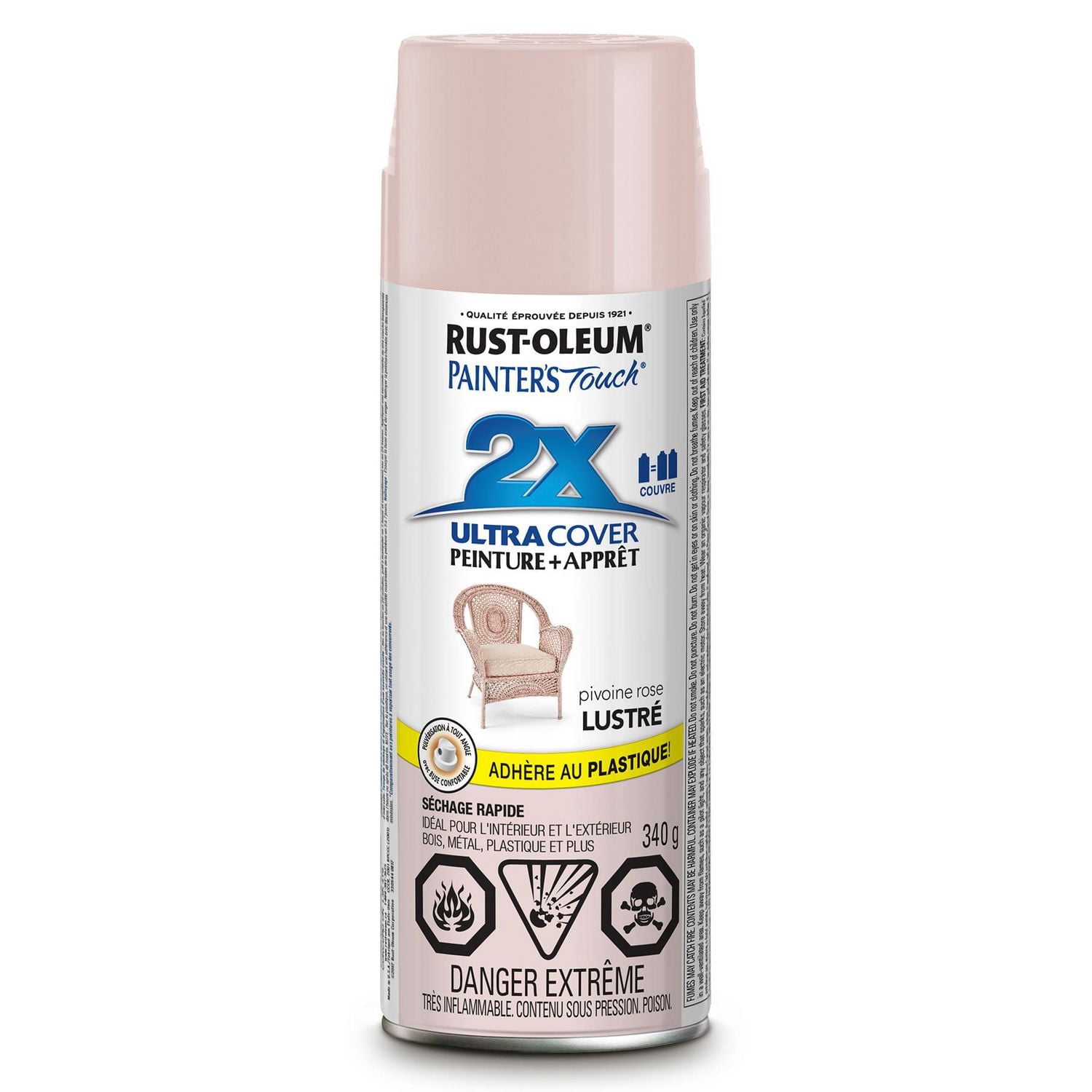 Peinture et apprêt polyvalents Rust-Oleum Painter's Touch 2X Ultra Cover en rose pivoine brillant, peinture en aérosol de 340g