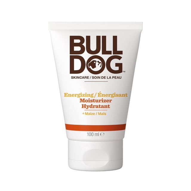 Bulldog Hydratant Énergisant en tube Blanc de 100 ml avec Texte Brun et orange, Formulé avec du Maïs Naturel pour Illuminer et Lisser la Peau des Hommes, Améliorant l'Éclat et la texture Sans Résidu Gras.