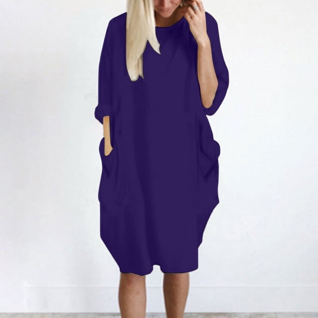 LSLJS Womens Pocket Loose Dress Ladies Neck Casual Long Tops Dress Plus Size