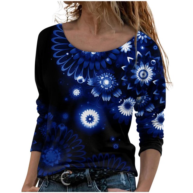 IROINID Offres Dames Manches Longues T-Shirts Décontractés Imprimé Col Rond T-Shirt Ample Blouse d'Automne Chandail, Bleu Foncé