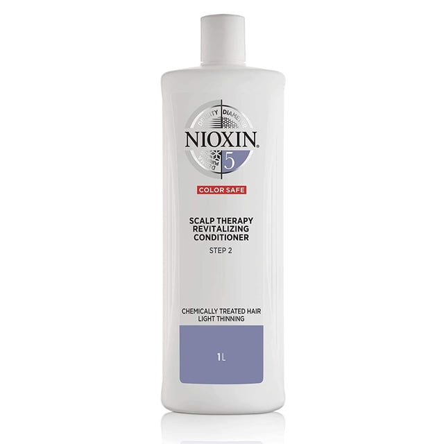 Nioxin System 5 Scalp Therapy Conditioner 1L bottle for chemically treated hair with light thinning. Ideal for hair care and scalp treatment, it features Smoothplex technology for moisture balance and smoothing control, and Glyco-Shield for scalp protection and rejuvenation. White bottle with blue and red accents, labeled as step 2 of a 3-part regimen.