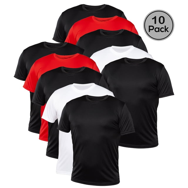 Blank Activewear Pack of 10 Men's T-Shirts in black, red, and white colors, made with 100% Quick Dry Performance fabric. These short sleeve crew neck t-shirts feature moisture-wicking, breathable, and anti-snag technology, designed for active use such as running, workouts, and sports. Each shirt is lightweight with a fabric weight of 140 GSM, tagless, and includes reinforced double-needle stitching for durability. Sold as a pack of 10 with tear-away labels for easy care.