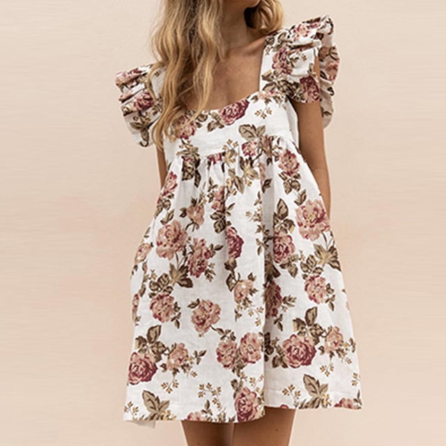 FcBaudy Robe à Manches Courtes Col en V, Robes d'Été pour Femmes, Robes pour Femmes Robe d'Été Élégante Col Poche Manches Courtes Midi Robe Femme