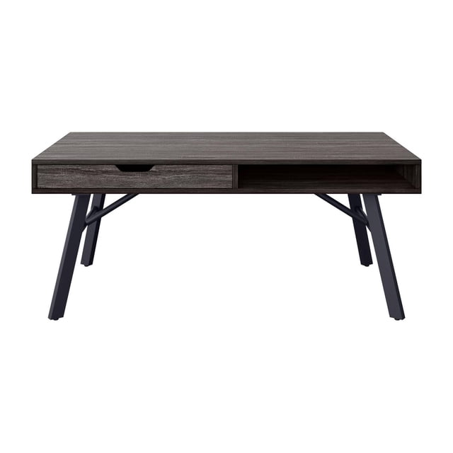 CorLiving Auston Engineered Wood and Steel Indoor Coffee Table in dark grey with rustic wood grain top, black metal flared legs, one smooth gliding drawer and open cubby shelf for organized storage, suitable for living room or den