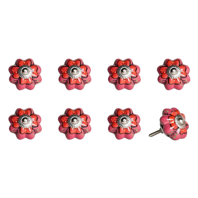 KNOB-IT vintage handpainted ceramic knobs 8 pack showing pink flower-shaped cabinet knobs with red and orange petals, green leaf accents, and silver metal centers, each 1.5 inches in diameter with bolts that can be trimmed, ideal for updating cabinets, drawers, and cupboards.