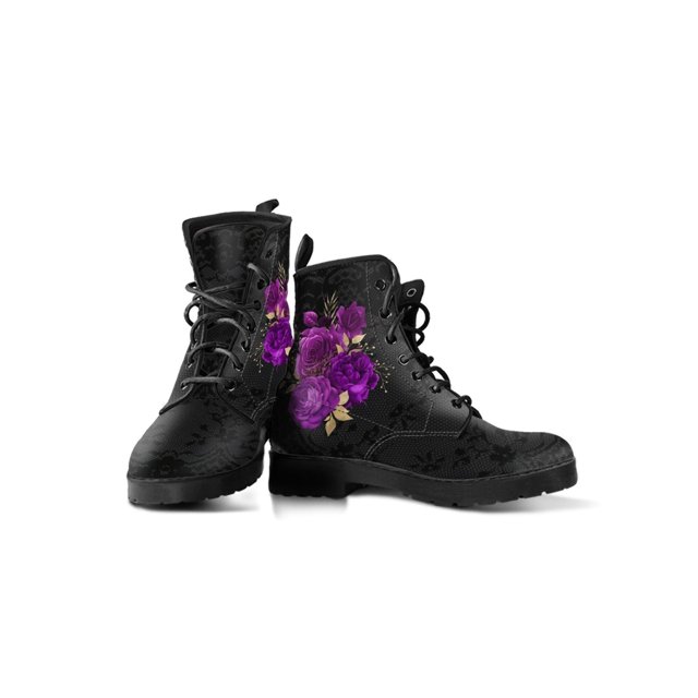 UKAP Women Leather Boot Floral Short Bootie Lace Up Ankle Boots Work Booties Waterproof Purple Rose 7.5
