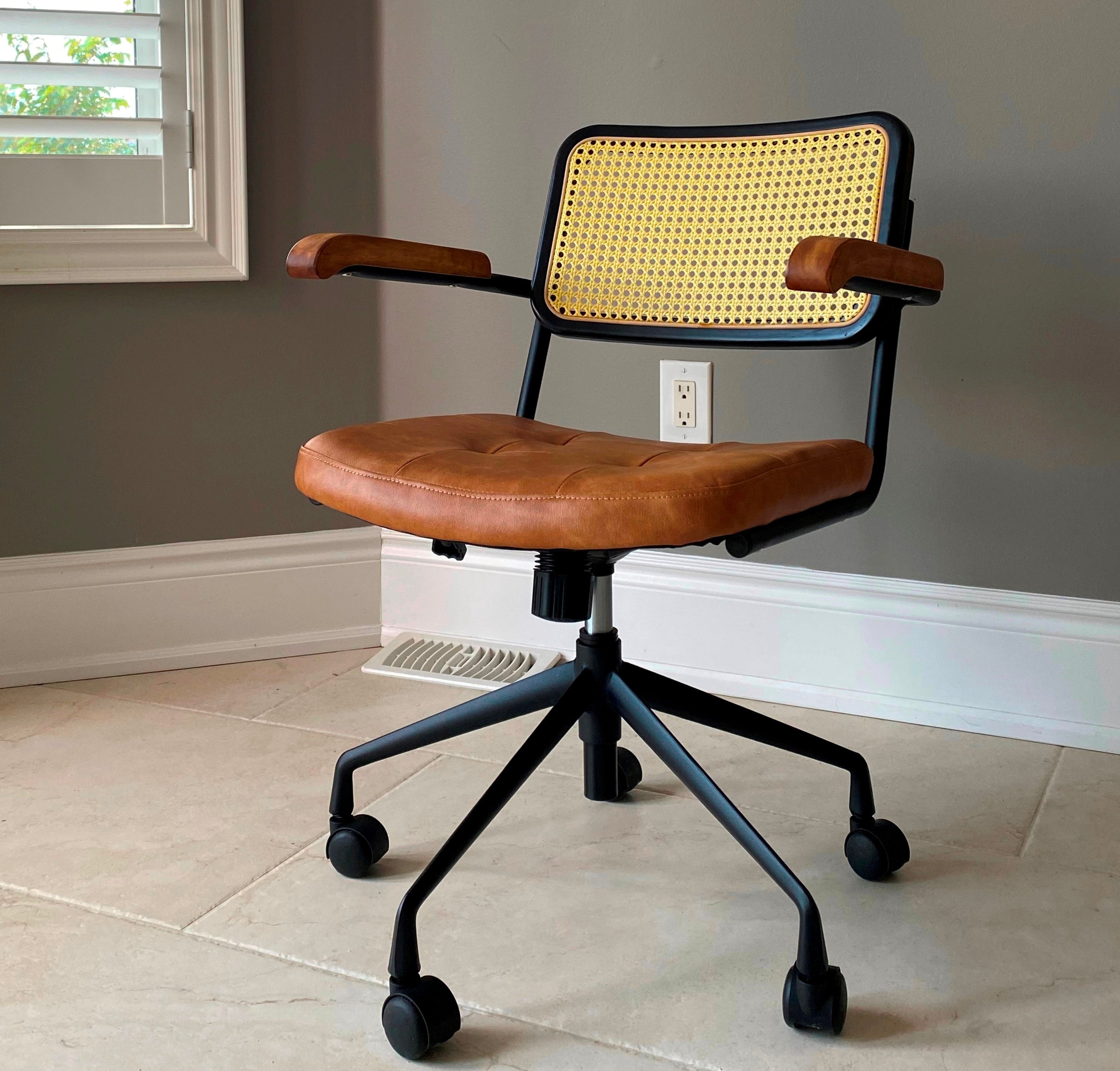 Rattan back Swivel Elton Arm Office Chair with Brown Distressed PU Leather Upholstering Seat and Castor Wheels