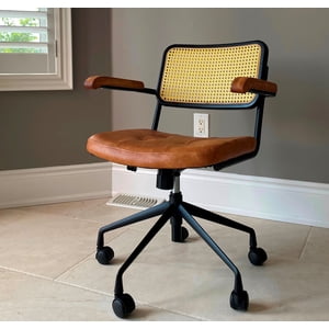 Rattan back Swivel Elton Arm Office Chair with Brown Distressed PU Leather Upholstering Seat and Castor Wheels