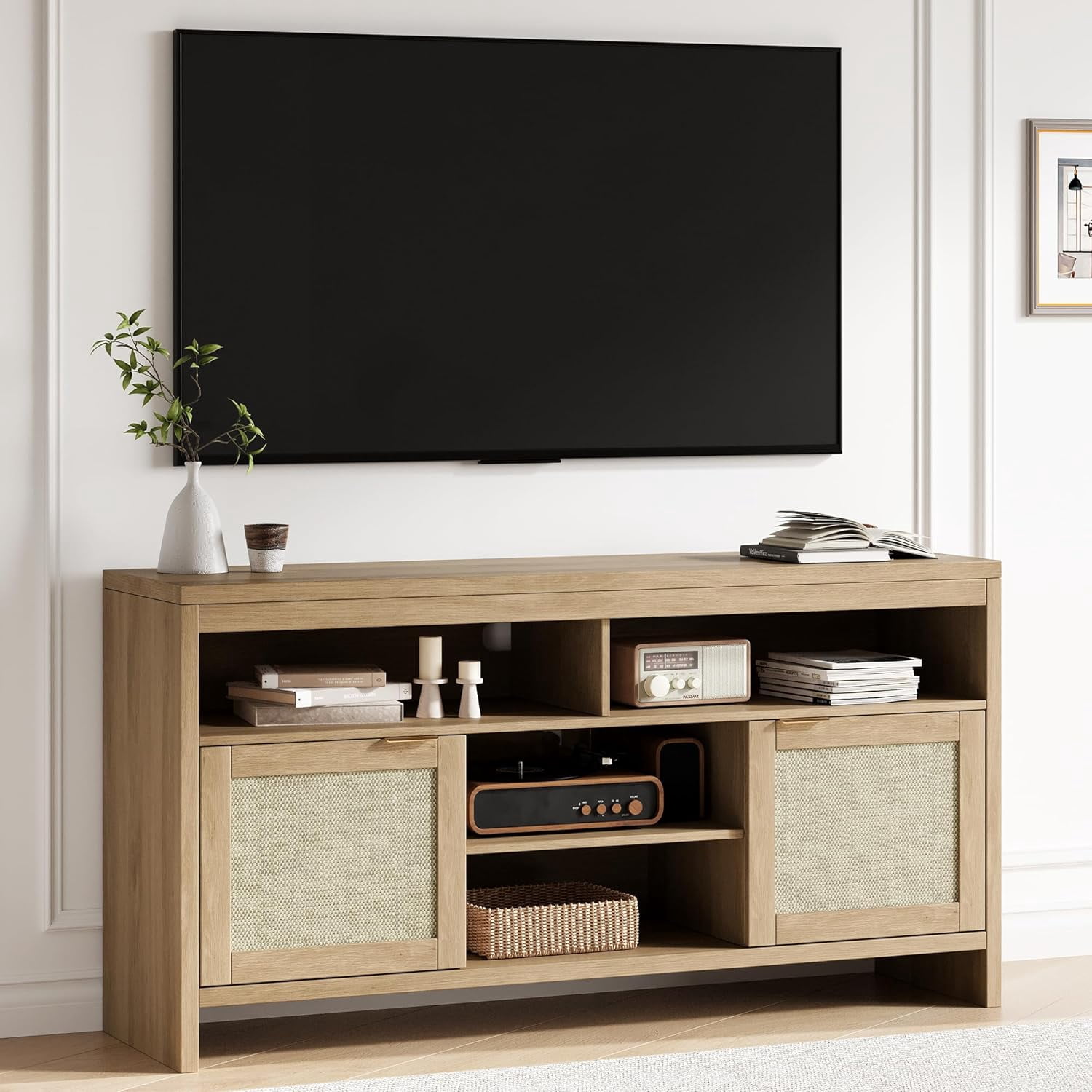 Garvee 58" Rattan TV Stand for TVs up to 65", Modern Boho Entertainment Center with Storage, Wooden Media Console with Adjustable Shelves for Living Room, Bedroom
