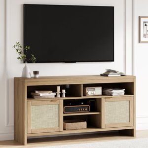 Garvee 58" Rattan TV Stand for TVs up to 65", Modern Boho Entertainment Center with Storage, Wooden Media Console with Adjustable Shelves for Living Room, Bedroom