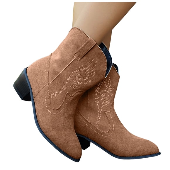 Womens Wide Mid Calf Cowboy Cowgirl Boots Winter Fall Fashion Leather Suede Low Cut Pointed Toe Low Heel Pull on Dress Riding Short Booties