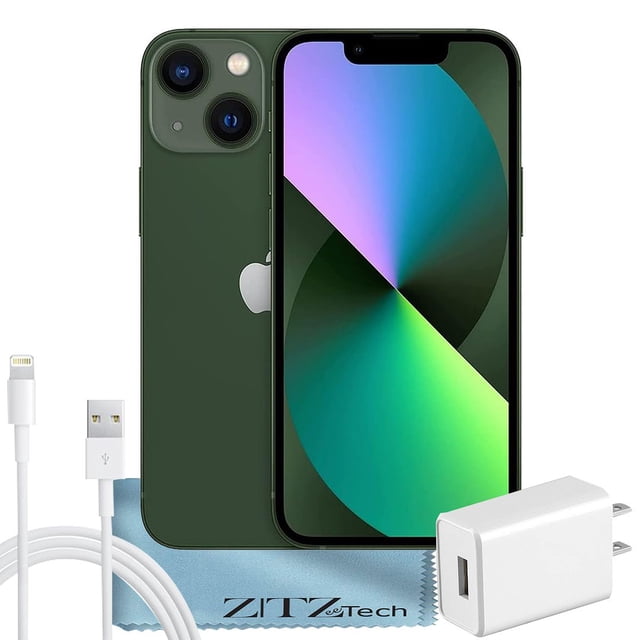 Apple iPhone 13 , 128 Go, Vert - Déverrouillé - Remis à Neuf Certifié. l'Image Affiche le iPhone 13 Vert avec Son Système à Double Caméra et Étui avant à Écran Céramique, Accompagné d'Un Adaptateur d'Alimentation USB-C, d'Un Câble Lightning et d'Un Chiffon de Nettoyage. le Téléphone Présente un Écran Super Retina XDR et Est Alimenté par la Puce A15 Bionic pour une performance Efficace. les Accessoires Sont Arrangés pour Plus de Clarté.