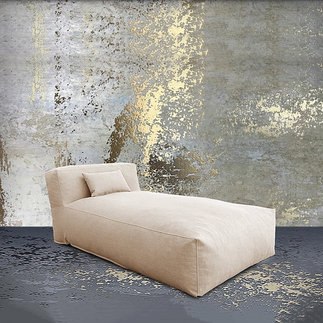 Evita Outdoor Furniture Sectional Conversation Set Bean Bag Chaise Lounge in light beige. This modern chaise lounge features a minimalist ANNY-H design with a 10.2-inch thick backrest and 14-inch cushion for optimal comfort. Made with high-quality foam for even weight distribution and hypoallergenic properties, it is upholstered in water-repellent, stain-resistant olefin fabric with a removable, quick-drying cover. Ideal for patios, gardens, or poolside settings, this durable and cozy lounge is designed for outdoor relaxation. Displayed against a textured background.