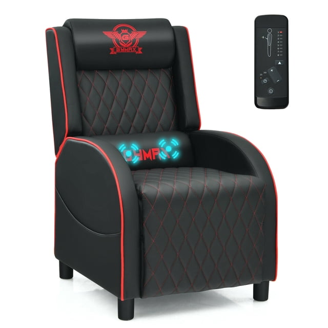 Gymax Fauteuil Inclinable de Jeu avec Massage en Cuir Fauteuil Simple Siège de Cinéma Maison Rouge