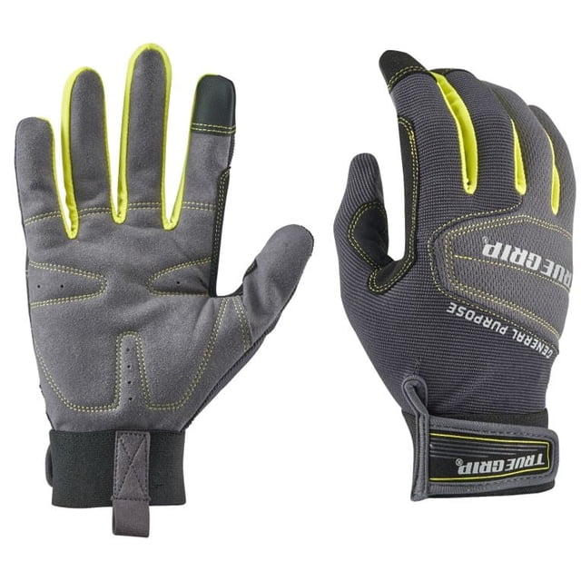 True Grip - Usage Général - Lot de 3 - Grands Gants de Travail Gris avec protection Rembourrée des Articulations, Paumes en Cuir Synthétique Durables, points d'Usure Renforcés, Dos en Maille Respirante, Bouts des Doigts Compatibles Écran Tactile, et Sangles de Poignet à Velcro Ajustables avec Languettes de Tirage, Convenant aux Tâches de Force Moyenne.